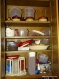 (KIT) CABINET LOT; LOT INCLUDES- PLASTIC FOOD CONTAINERS, STONEWARE SOUP BOWLS, PRESSED GLASS