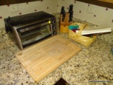 (KIT) COUNTER LOT; LOT INCLUDES BLACK AND DECKER TOASTER OVEN, KNIFE BLOCK WITH KNIVES, BASKET WITH
