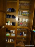 (KIT) TOP AND BOTTOM CABINET LOT; LOT INCLUDES MISC.. SETS OF GLASSES, RICE BOWLS, WINE STEMS,