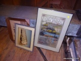 (ATTIC) PICTURE LOT; 2 FRAMED AND MATTED PICTURES- CHICAGO AND NORTHWESTERN RR POSTER IN BLACK