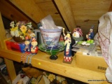 (ATTIC) SHELF LOT; LOT INCLUDES- EASTER BUNNY IN BASKET ARRANGEMENT, 4TH OF JULY FIGURES AND