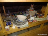 (ATTIC) SHELF LOT; LOT INCLUDES- SERVING BOWLS, 6 PCS. OF PEWTER NAUTICAL SERVING TRAYS, BERRY