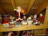 (ATTIC) SHELF LOT; LOT OF CHRISTMAS ITEMS-SANTA FIGURES, CAKE PLATE, TILES /COASTERS, CANDLELIGHT