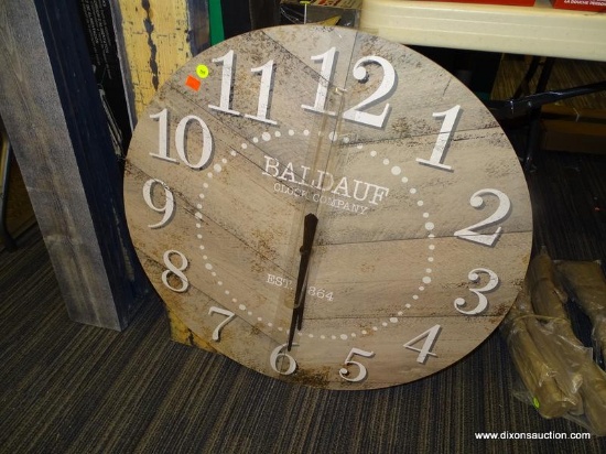 (R2) FARMHOUSE, 30" WOODEN WALL CLOCK WITH A WORN BROWN FINISH.