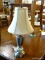 (R4) TABLE LAMP; BRUSHED NICKEL TABLE LAMP WITH A IVORY COLORED EMPIRE STYLE SHADE. MEASURES 18