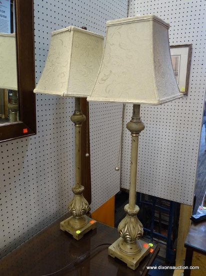 (R1) PAIR OF TABLE LAMPS; SET OF 2 CHAMPAGNE PAINTED TABLE LAMPS WITH A METAL POLE CENTER SECTION