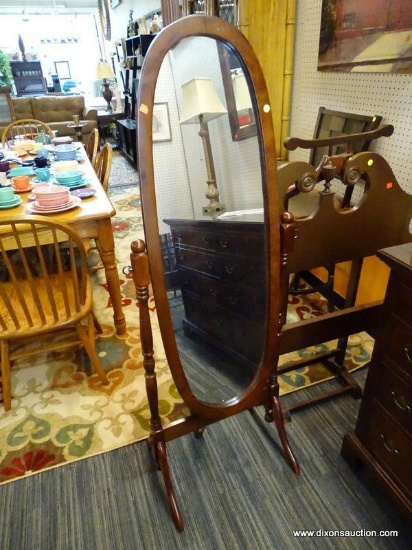 (R1) POWELL CHEVAL MIRROR; CHERRY FINISHED, TILTING, FULL LENGTH CHEVAL MIRROR. MEASURES 59".