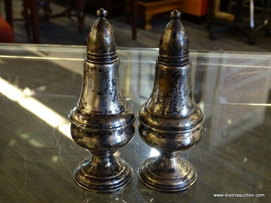 (DISPLAY) STERLING SILVER SALT AND PEPPER SHAKERS; 2 PIECE SET OF WEIGHTED, STERLING SILVER, SALT