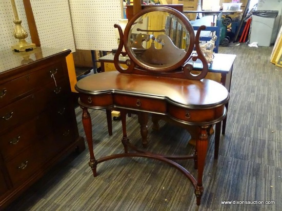 (R1) BOMBAY VANITY; CHERRY FINISHED, ROUND CORNER VANITY WITH A TILTING BEVELED GLASS MIRROR, 3