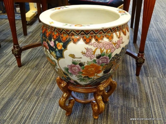 (R1) ORIENTAL FISH BOWL; HAND PAINTED, ORIENTAL FISH BOWL WITH A TEXTURED PHEASANT SCENE THAT HAS