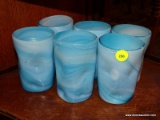 (R2) SET OF ART GLASS CUPS; 6 PIECE SET HANDMADE, BLUE AND WHITE SWIRL ART GLASS CUPS WITH INDENTS