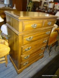 (R3) HIGH CHEST; PINE FINISHED, 5-DRAWER HIGH CHEST WITH LARGE BATWING PULLS. MEASURES 35.5