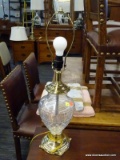(R3) CRYSTAL TABLE LAMP; CUT CRYSTAL TABLE LAMP WITH A POLISHED BRASS BASE AND CAP. COMES WITH HARP