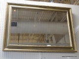 (WALL) WALL MIRROR; FRAMED, RECTANGULAR, WALL HANGING MIRROR WITH A WORN GOLD TONED FRAME. MEASURES
