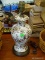(R2) PORCELAIN TABLE LAMP; FLORAL PAINTED, VASE SHAPED FLORAL TABLE LAMP. SHADE NOT INCLUDED.