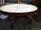 VICTORIAN MARBLE TOP CONSOLE TABLE; DARK CHERRY, OVAL CONSOLE TABLE WITH A WHITE CARRARA MARBLE TOP,