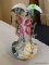 (R3) HAND PAINTED POTTERY EWER; BEAUTIFUL DOUBLE SPOUT HUNTER GREEN, ROSE PINK, AND TAN FLORAL