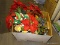 (R3) BOX OF DECORATIONS; BOX INCLUDES FAUX POINSETTIA PLANTS, FAUX FLOWERS, PLANTS, AND MORE!