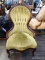 (R6) VICTORIAN SIDE CHAIR; ANTIQUE MAHOGANY SIDE CHAIR WITH A FLOWER CARVED CROWN AND A GREEN