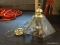 POLISHED BRASS LIGHT FIXTURE; 5-ARM, HANGING LIGHT FIXTURE WITH BEVELED GLASS SHADES. MEASURES 15