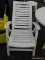 (R8) PATIO ARM CHAIR; WHITE COLORED, DURABLE PLASTIC PATIO ARM CHAIR WITH A RESTING, LAY DOWN BACK.