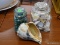 (R2) JARS AND DECORATIVE FILLERS; 3 PIECE LOT TO INCLUDE 2 LIDDED JARS, SHELL FILLERS, BEAD FILLERS,