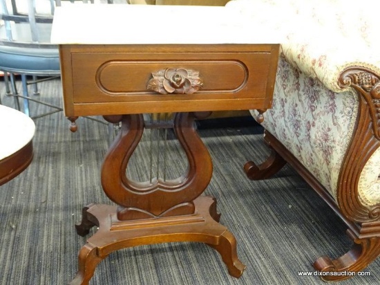 VICTORIAN MARBLE TOP SIDE TABLE; DARK CHERRY, SINGLE DRAWER SIDE TABLE WITH A RECTANGULAR WHITE