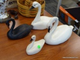 (R2) WOODEN SWANS; 4 PIECE LOT OF ASSORTED SIZE, CARVED WOODEN SWANS, 3 HAVE A WHITE COLOR AND ONE