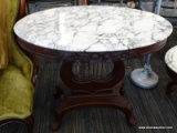 VICTORIAN MARBLE TOP COFFEE TABLE; DARK CHERRY, OVAL COFFEE TABLE WITH A WHITE CARRARA MARBLE TOP,