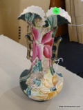 (R3) HAND PAINTED POTTERY EWER; BEAUTIFUL DOUBLE SPOUT HUNTER GREEN, ROSE PINK, AND TAN FLORAL