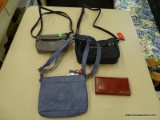 (R3) LOT OF LADIES HANDBAG; 4 PIECE LOT INCLUDES A SMALL GRAY MULTISAC PURSE, A NEW YORKER RED