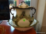 (R1) ANTIQUE HAYNES BALT LIDDED CHAMBER POT WITH BASIN - GREEN WITH GOLD TONE ACCENTS. CHIPPED ON