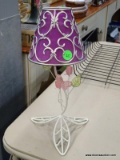 (R3) METAL WIRE TABLE LAMP; CREAM FINISHED METAL WIRE TABLE LAMP WITH LEAF SHAPED FEET AND A PURPLE