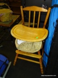 (R7) VINTAGE WOODEN HIGH CHAIR WITH REMOVABLE TRAY AND SEAT COVER. SHOWS SIGNS OF WEAR. MEASURES 17