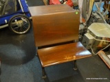 (R7) VINTAGE FOLDING SCHOOL DESK; BLACK CAST IRON BASE WITH WOODEN TOP AND FOLDING SEAT. WEAR