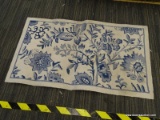 (R7) FLORAL AREA RUG; BLUE AND CREAM COLORED FLORAL MACHINE MADE AREA RUG. MEASURES 48