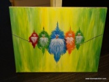 (TABLES) BIRDS ON WIRE OIL ON CANVAS; DEPICTS 5 FLUFFY BIRDS (RED, GREEN, ORANGE, AND BLUE) SITTING