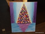 (TABLES) CHRISTMAS TREE OIL ON CANVAS; DEPICTS A SHINING OUTDOOR CHRISTMAS TREE WITH A BLUE
