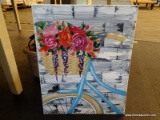 (TABLES) BIKE OIL ON CANVAS; DEPICTS A VINTAGE BLUE BIKE WITH A BASKET OF FLOWERS WITH A GRAY STONE