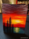 (TABLES) SUNSET OIL ON CANVAS; DEPICTS A LAKE SCENE DURING SUNSET WITH TALL TREES IN THE FOREGROUND