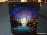 (TABLES) MOONLIT OIL ON CANVAS; DEPICTS A NIGHT TIME SCENE OF A SMALL WATERFALL POURING INTO A ROCKY