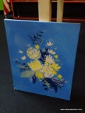 (TABLES) FLORAL OIL ON CANVAS; BLUE TONED OIL ON CANVAS WITH YELLOW AND WHITE FLOWERS. SIGNED 