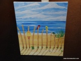 (TABLES) BEACH SCENE OIL ON CANVAS; DEPICTS A VIEW OF THE BEACH WITH ROLLING WAVES FROM A FENCED IN