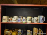 (SHELVES); LOT OF ASSORTED STEINS AND MUGS; 16 PIECE LOT OF ASSORTED MUGS AND STEINS TO INCLUDE A