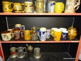 (SHELVES) LOT OF MUGS AND BEER STEINS; 15 PIECE LOT 10 COFFEE MUGS, A WOODEN BEER STEIN, A BRASS