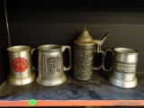 (SHELVES) BEER MUGS AND STEIN; 4 PIECE LOT TO INCLUDE A BEEFSTEAK CHARLIE'S DRINKARD METAL MUG, AN