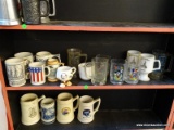 (SHELVES) LOT OF ASSORTED MUGS AND GLASSES; 15 PIECE LOT TO INCLUDE 3 MCDONALDS MICKEY MOUSE DISNEY