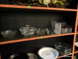 (SHELVES) LOT OF ASSORTED GLASSWARE; 11 PIECE LOT TO INCLUDE CUT CRYSTAL GLASSES WITH A CRANBERRY