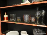 (SHELVES) LOT OF ASSORTED ITEMS; LOT TO INCLUDE 4 MEASURING CUPS, 2 WINE GLASSES, 2 CHAMPAGNE