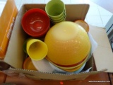 BOX LOT OF ASSORTED KITCHENWARE; INCLUDES PLASTIC AND PORCELAIN BOWLS, PLATES, CUPS, UTENSILS, SOUP